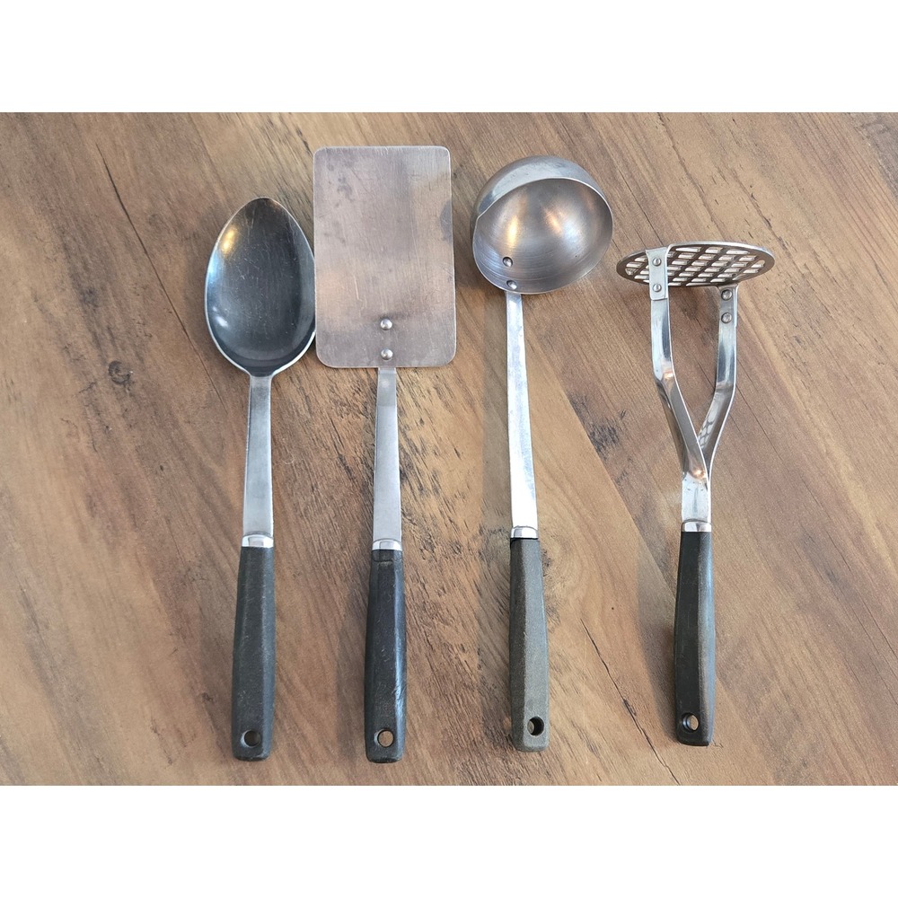 Vintage Stainless Steel Kitchen Utensil Set 4pc Spatula Ladle Spoon Masher Black
